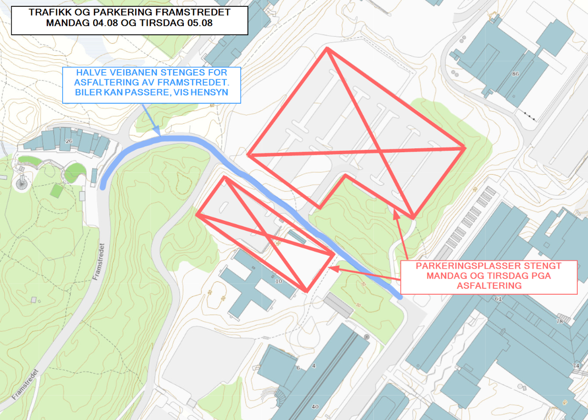 Bildet viser et kart over berørte områder på campus. Stengte parkeringsplasser er krysset ut. 
